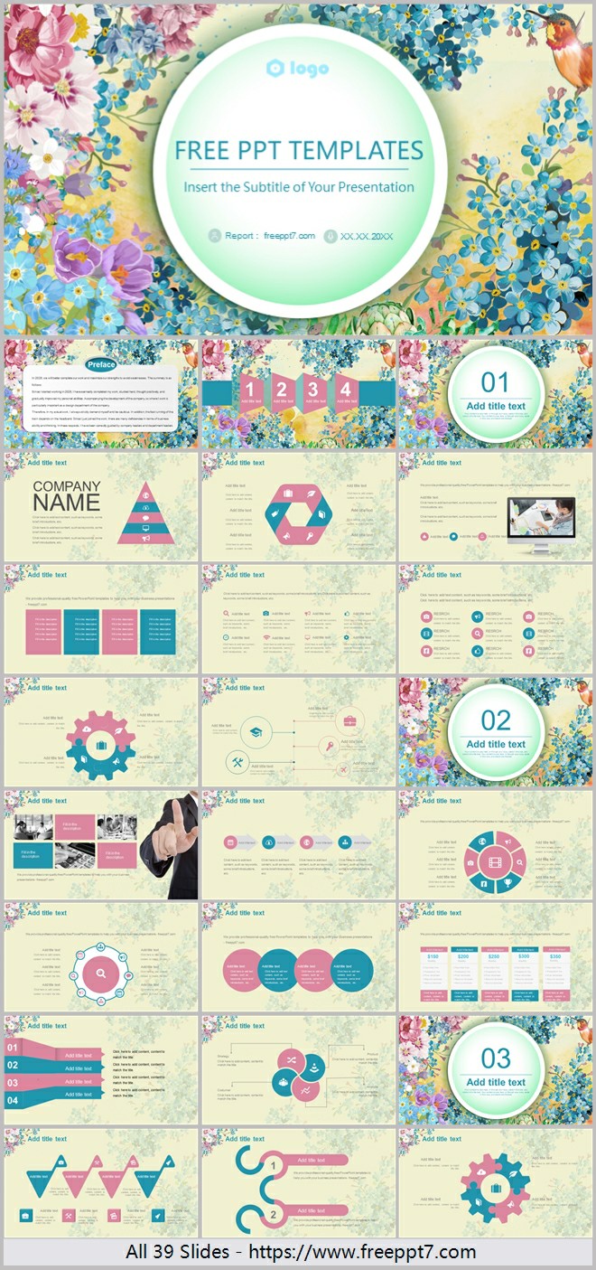 Colorful Flowers and Birds Background PowerPoint Templates