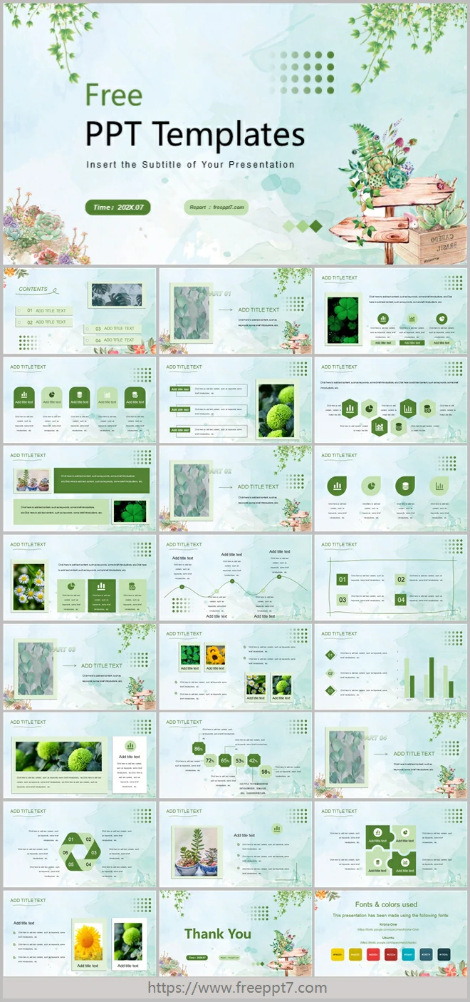 Green Watercolor Style Business PowerPoint Templates