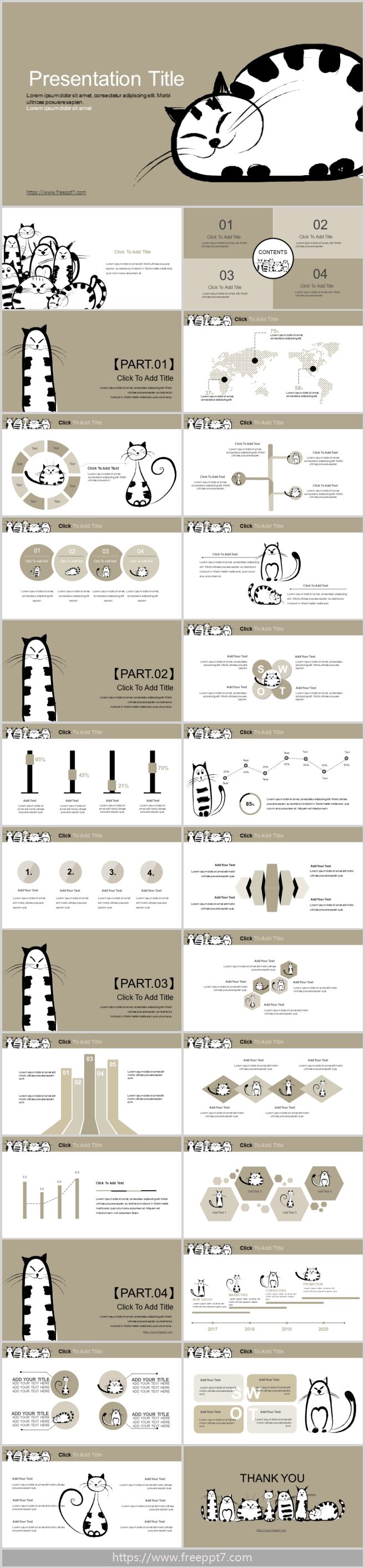 Hand-painted cute cats PowerPoint templates