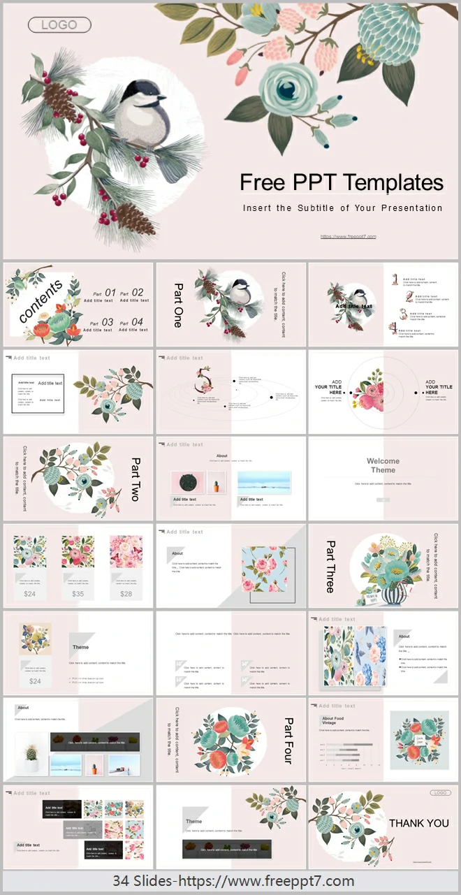 Watercolor Flowers and Birds Background PPT Templates