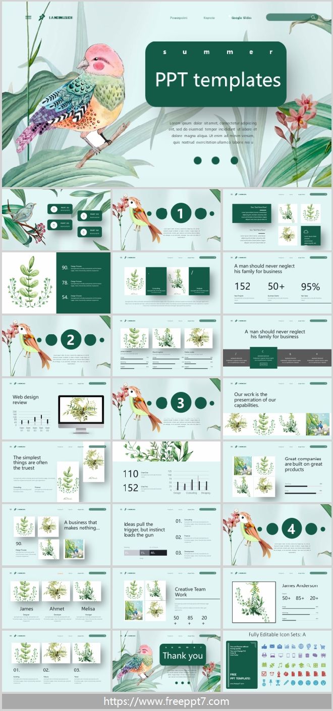 Watercolor flowers and birds PPT templates